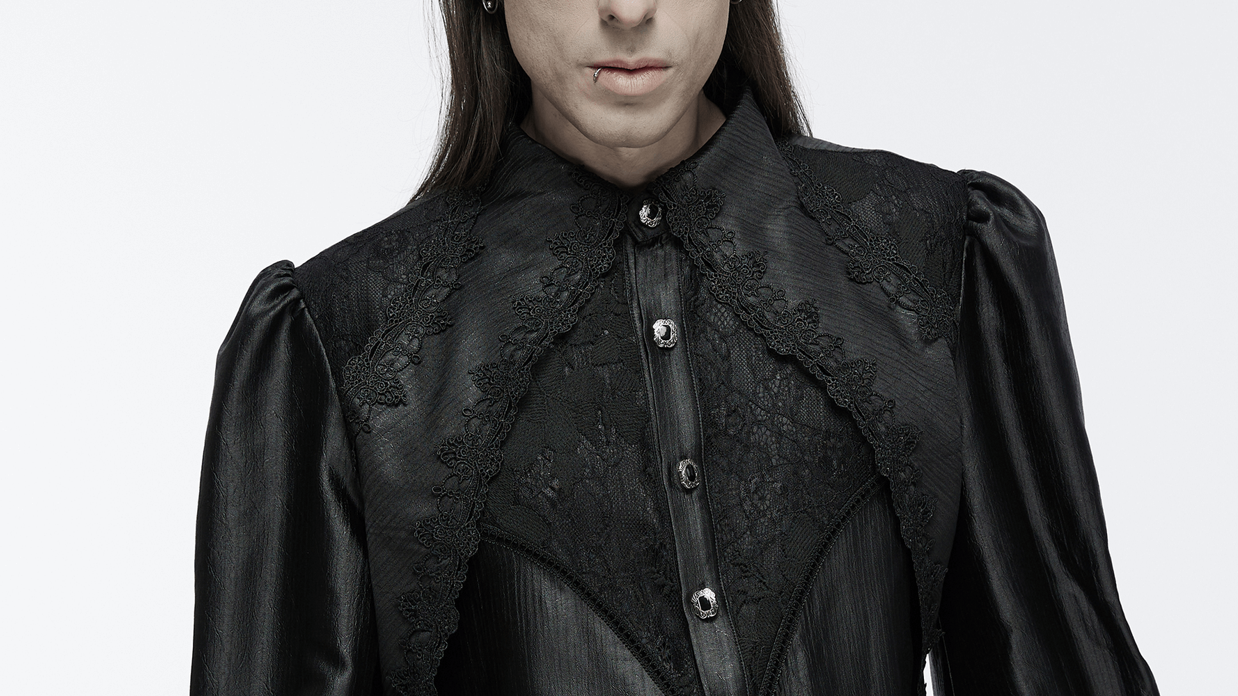 Men's gothic black lace shirt with bubble sleeves and intricate lace detailing for elegant alternative fashion.