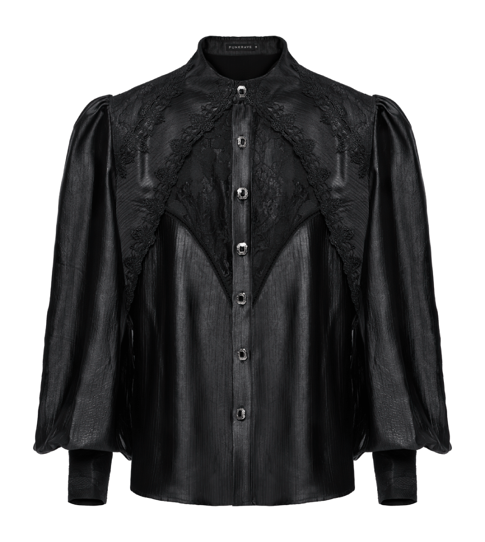 Men's gothic black lace shirt with bubble sleeves, featuring intricate lace accents and a stylish collar. Perfect for alternative fashion.