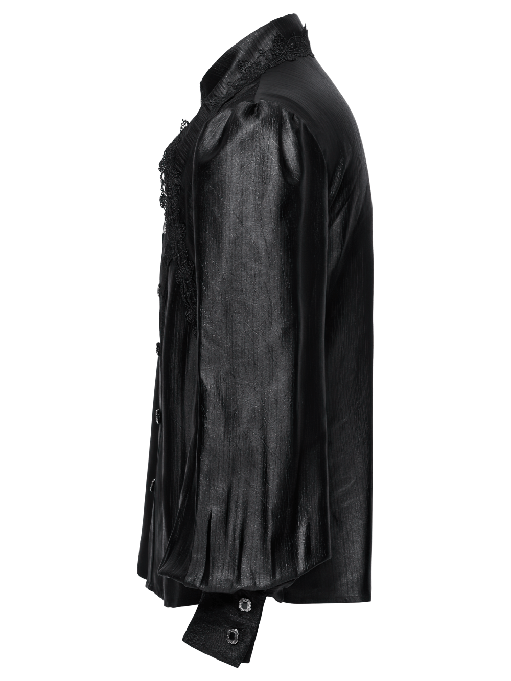 Men's Gothic black lace shirt with bubble sleeves and intricate collar detail, perfect for alternative fashion.