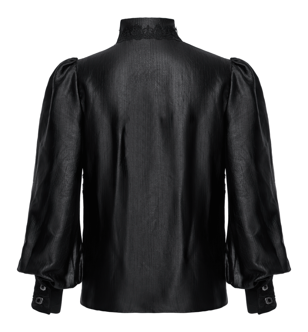 Back view of elegant men's gothic black lace shirt with bubble sleeves and intricate collar detailing.