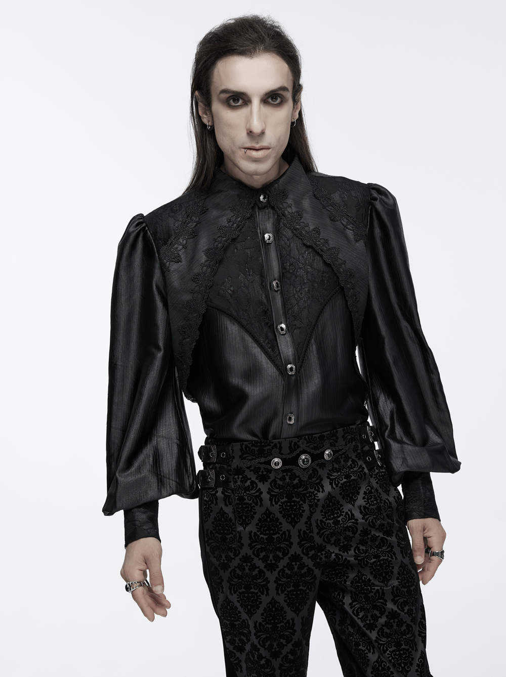 Men's gothic black lace shirt with bubble sleeves, featuring intricate lace and elegant collar for dark aesthetic fashion.