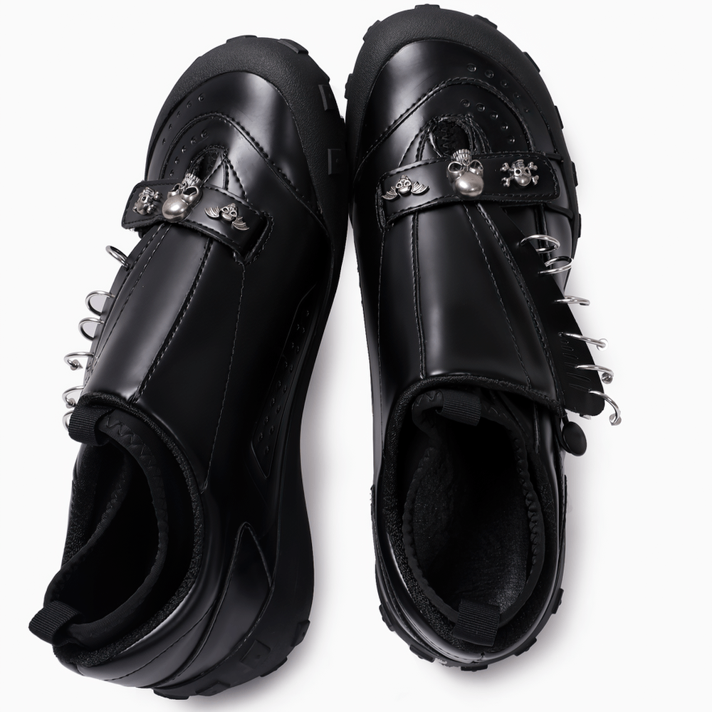 Men's Gothic Black Slip-On Shoes with Skull Details black microfiber loafers with silver piercing rings, chunky lug soles and skull charms