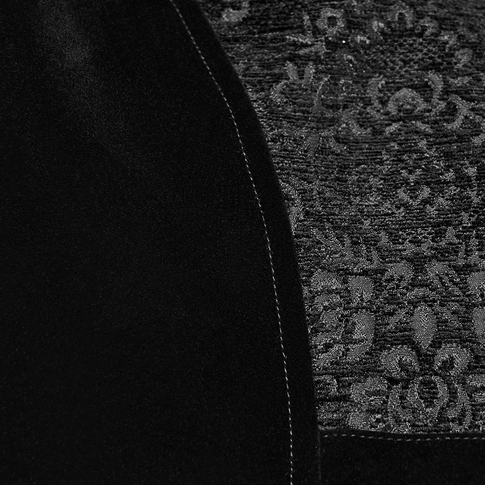 Close-up of Men's Gothic Brocade Waistcoat with Vintage Buckle showcasing intricate jacquard fabric and soft velvet texture.