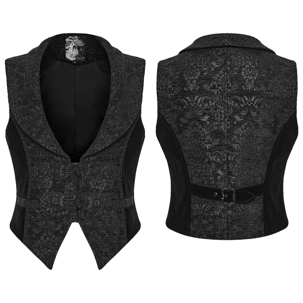 Men's Gothic Brocade Waistcoat with Vintage Buckle showcasing jacquard fabric and intricate patterns.