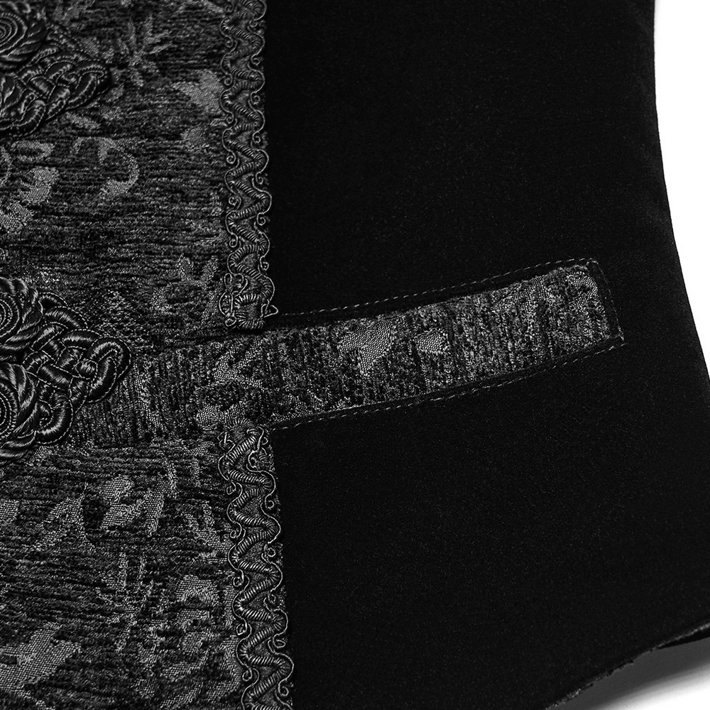 Close-up of Men's Gothic Brocade Waistcoat with Vintage Buckle showcasing intricate patterns and adjustable strap.