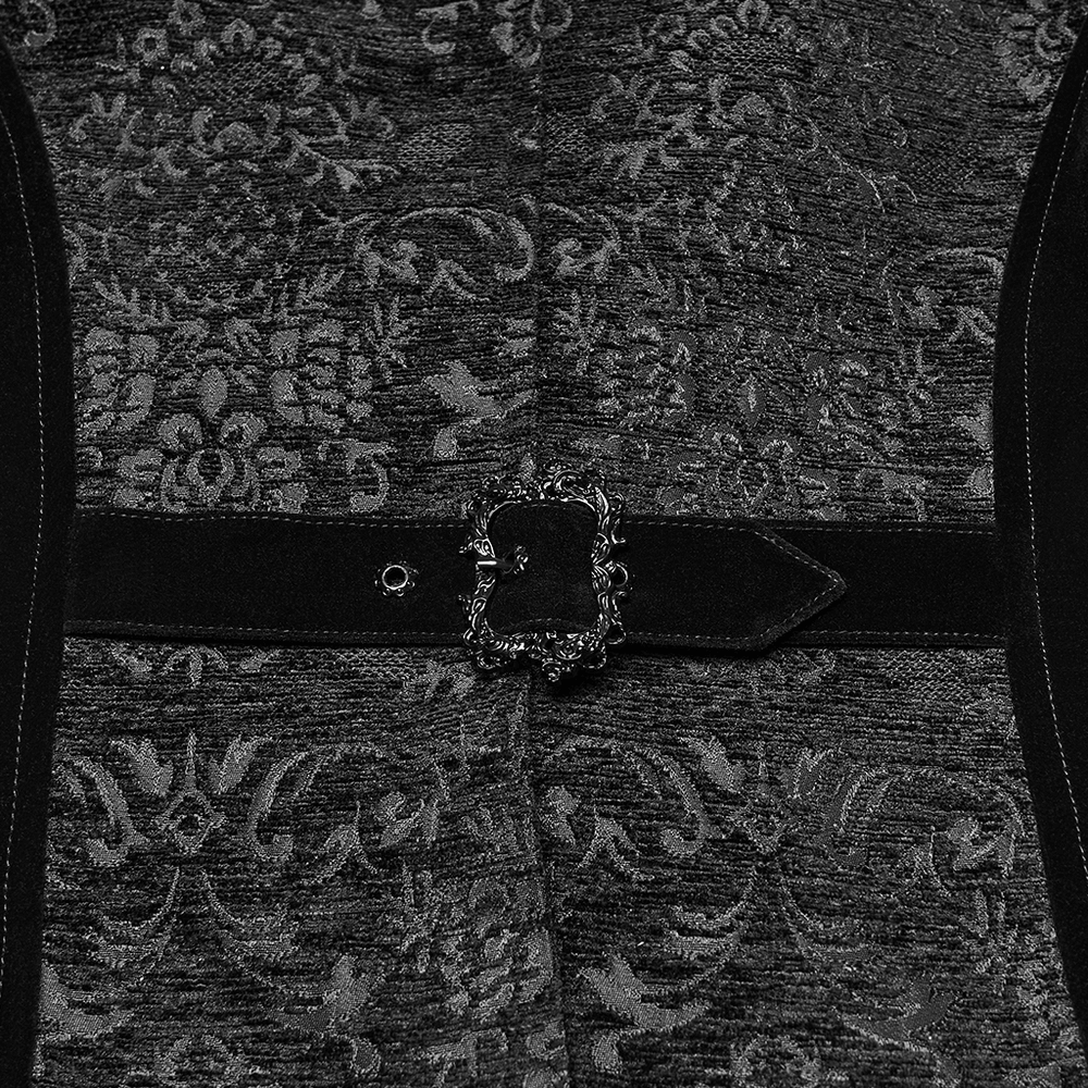Men's Gothic Brocade Waistcoat with Vintage Buckle showcasing intricate patterns and elegant buckle detail.