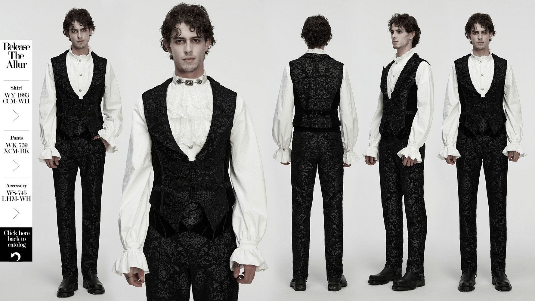 Men's Gothic Brocade Waistcoat with Vintage Buckle showcased from multiple angles on a model.
