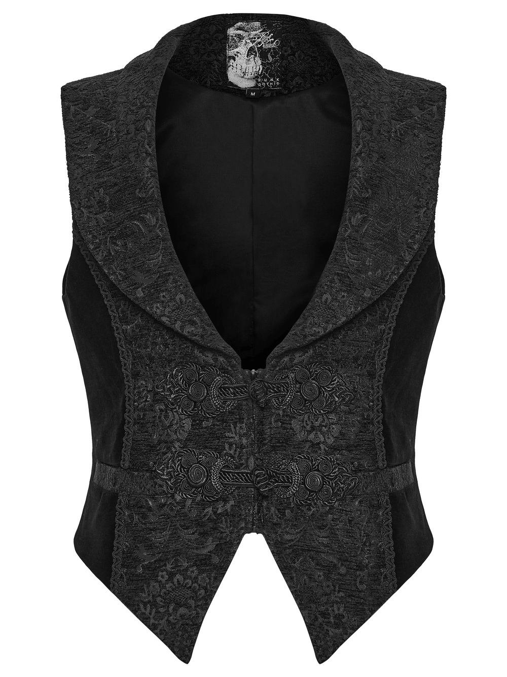 Men's Gothic Brocade Waistcoat with Vintage Buckle showcasing elegant jacquard fabric and vintage buttons.