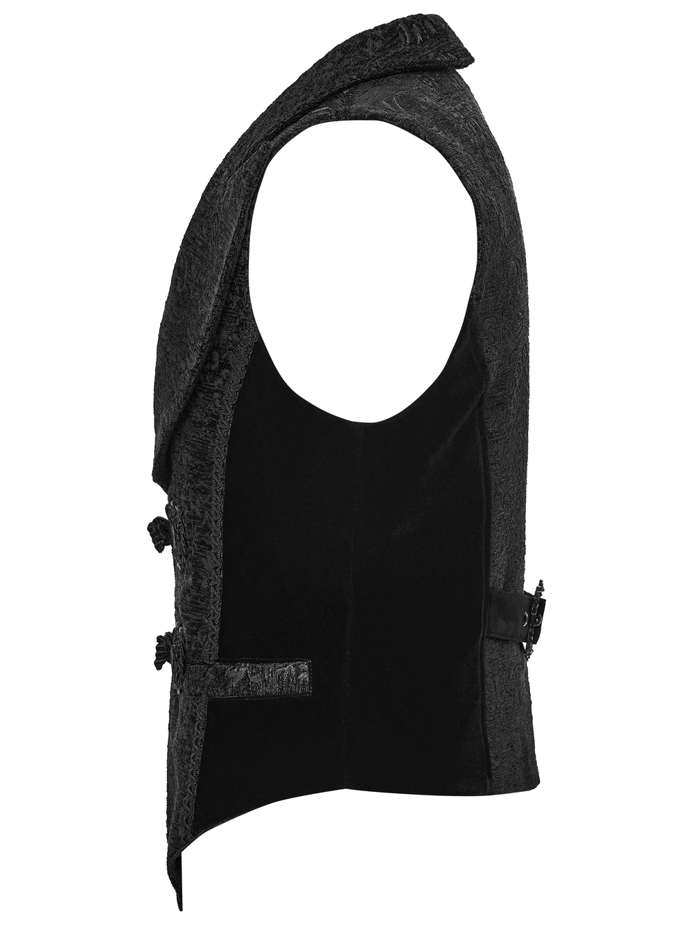 Men's Gothic Brocade Waistcoat with Vintage Buckle side view showing jacquard fabric and elegant design.