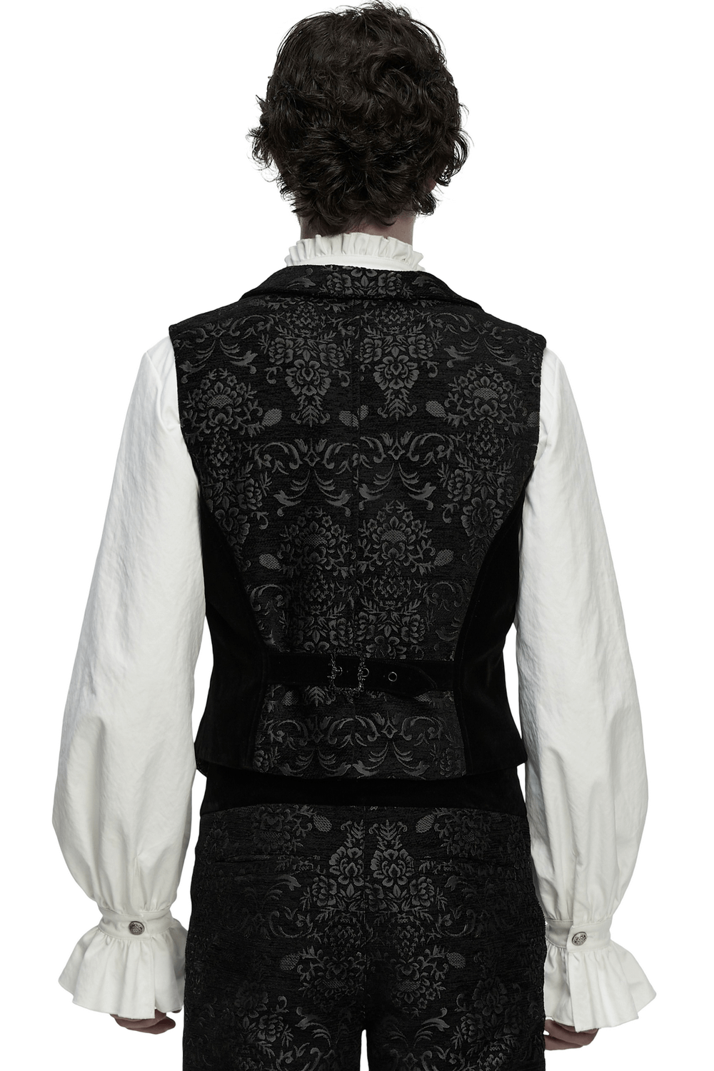 Men's Gothic Brocade Waistcoat with Vintage Buckle back view showcasing intricate patterns and elegant design.