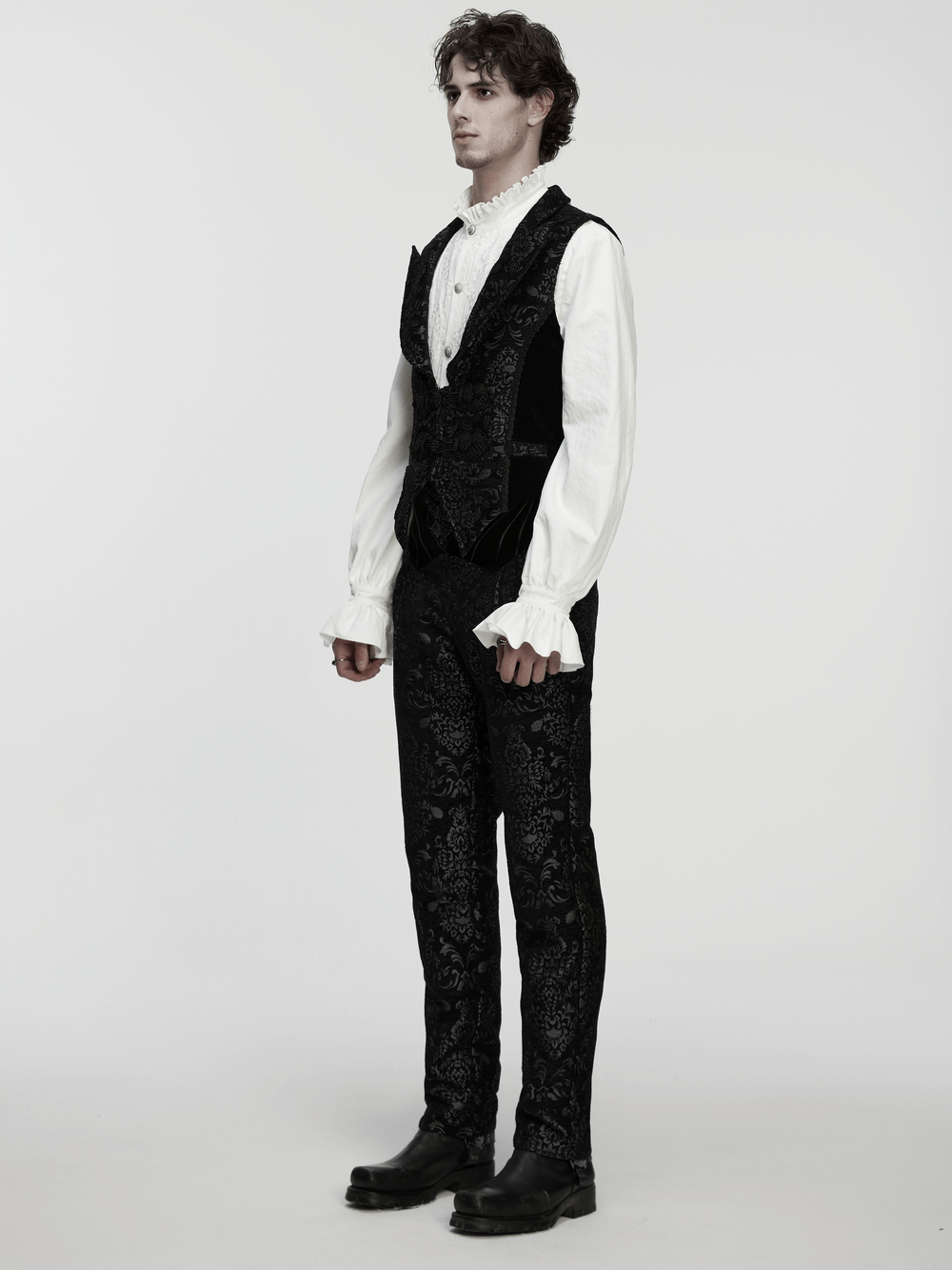 Men's Gothic Brocade Waistcoat with Vintage Buckle worn by model in elegant attire.