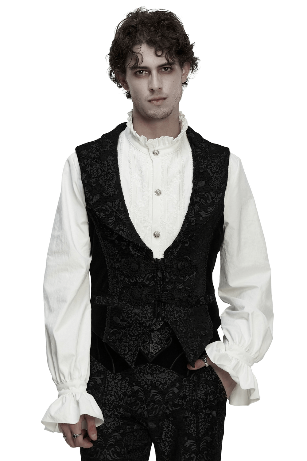 Men's Gothic Brocade Waistcoat with Vintage Buckle modeled by a man in an elegant attire.