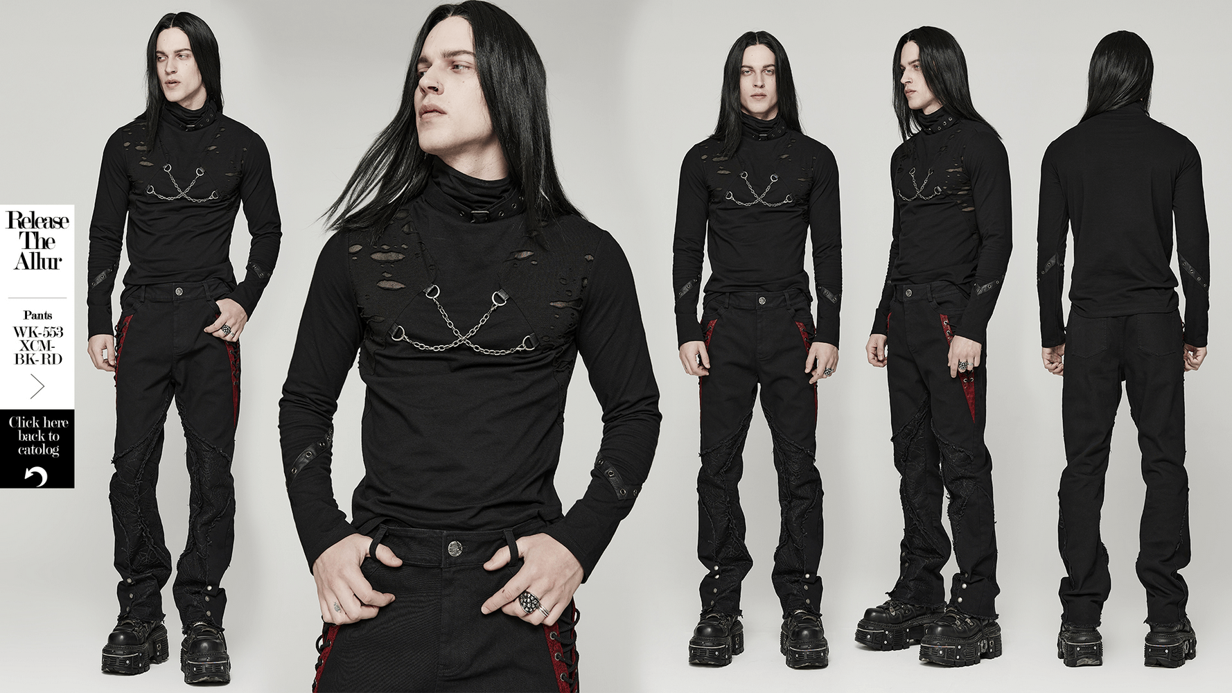 Men's Gothic black long-sleeve top with chains and broken holes, perfect for punk streetwear style.