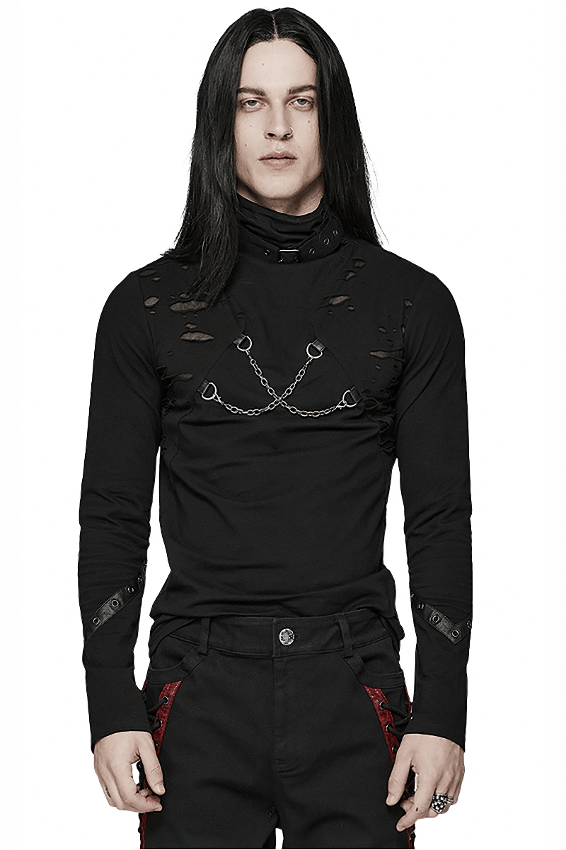 Men's Gothic long sleeve black top with broken holes and chain accents, perfect for punk streetwear style.