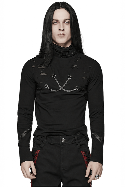 Top gótico con cadena y agujeros rotos para hombre - Ropa de calle punk