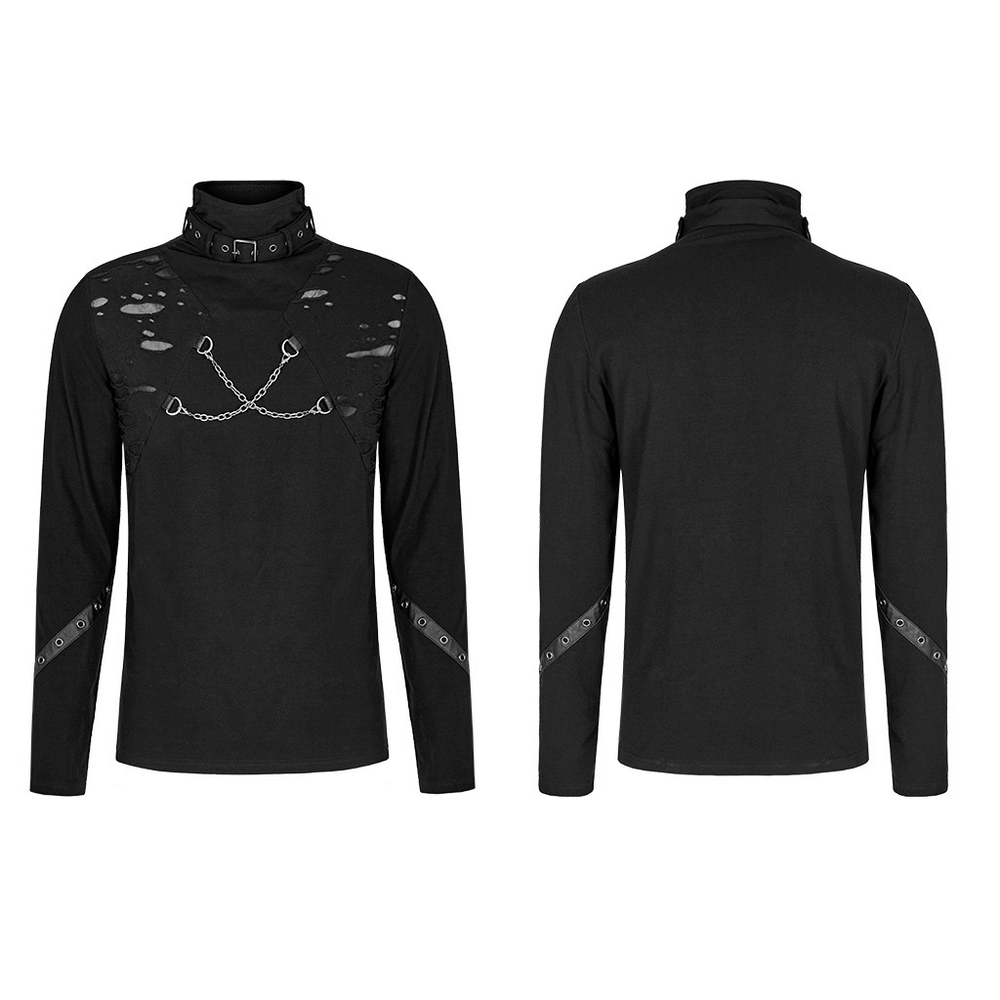 Men's black Gothic long sleeve top with chains and broken holes, perfect for punk streetwear style.