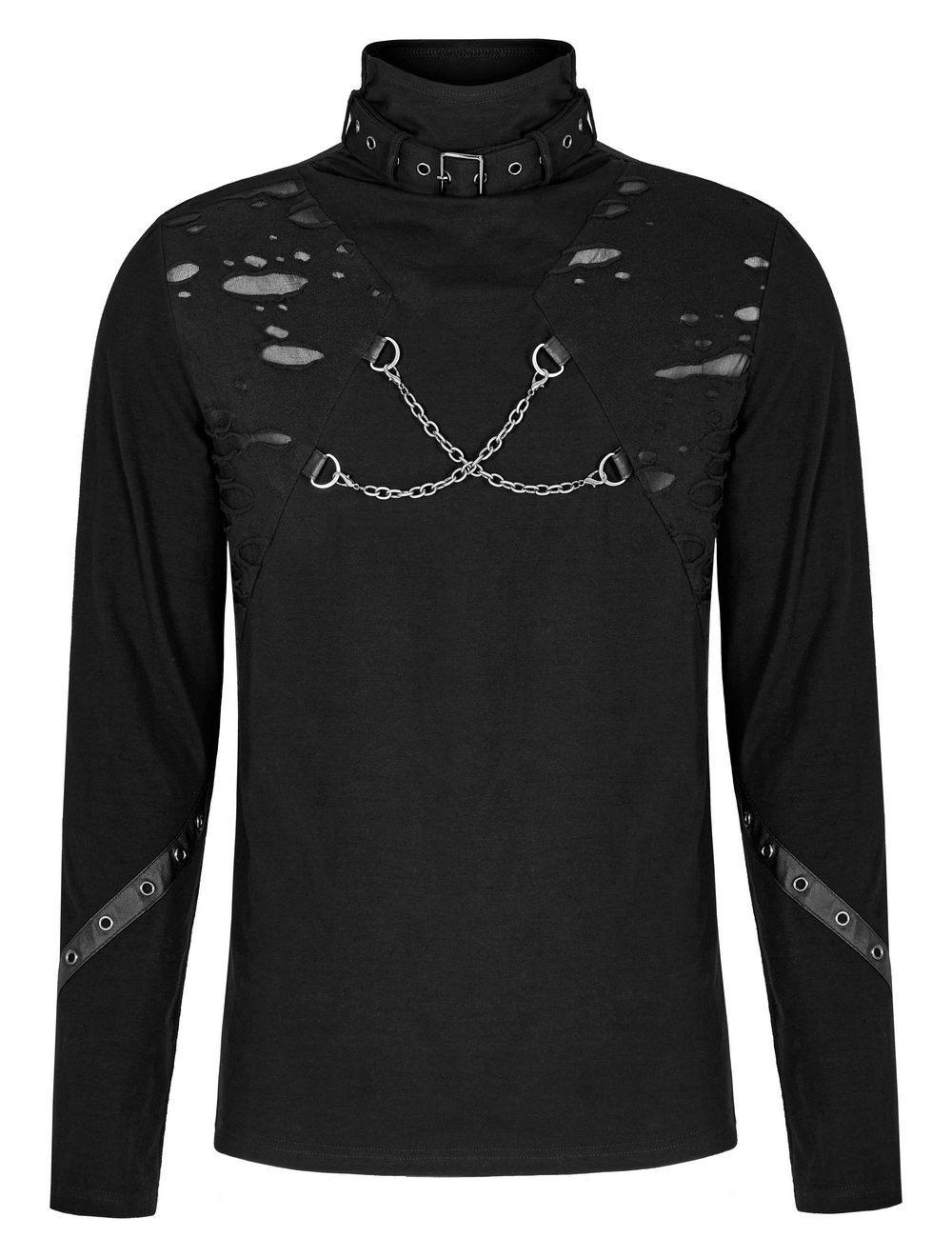 Men's black long-sleeve top with broken holes and metal chain accents for a punk streetwear vibe.