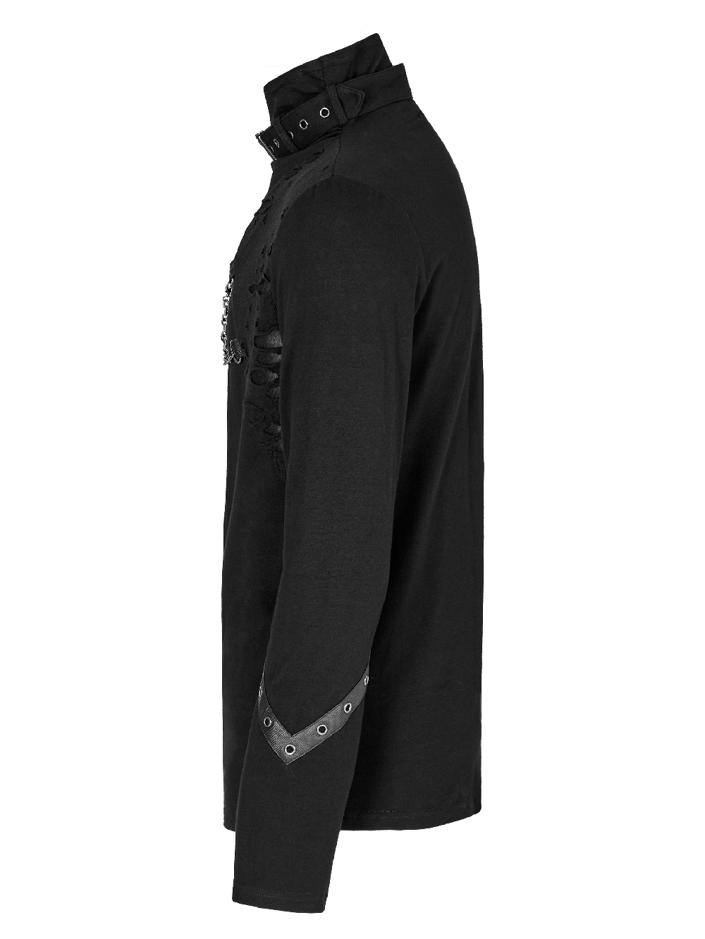 Men's black gothic long-sleeve top with chain accents and broken holes, perfect for punk streetwear.