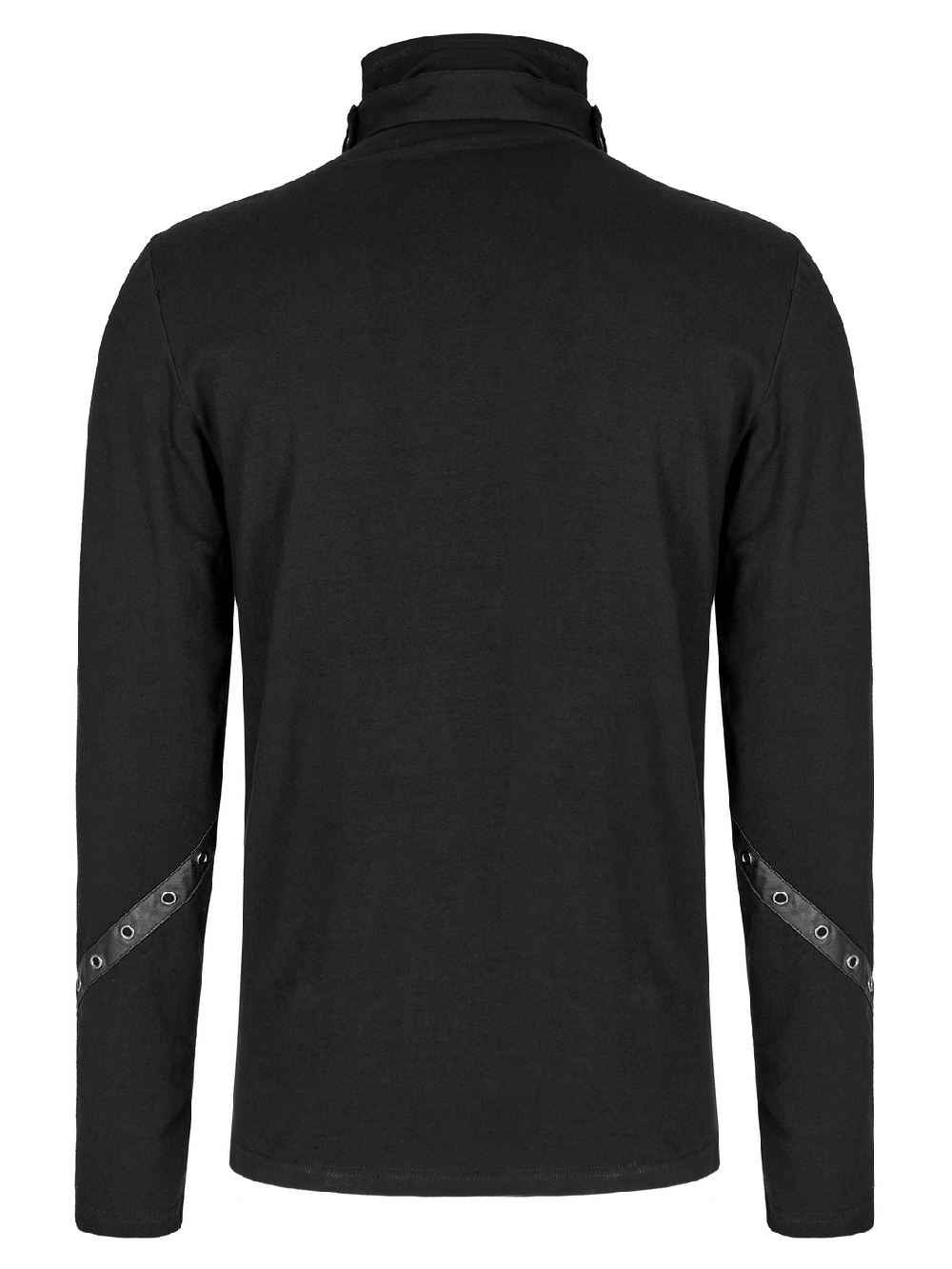 Back view of a men's black long-sleeve top featuring chain accents and a stand collar, perfect for punk streetwear.