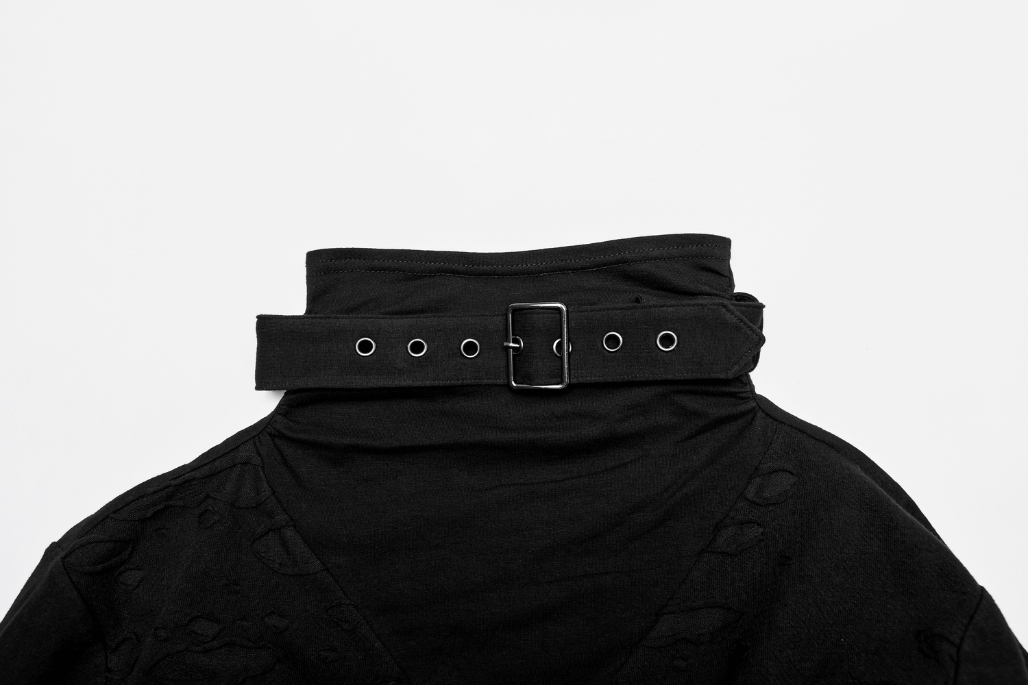 Close-up of a black long-sleeve top's collar with detachable buckle for a punk streetwear look.