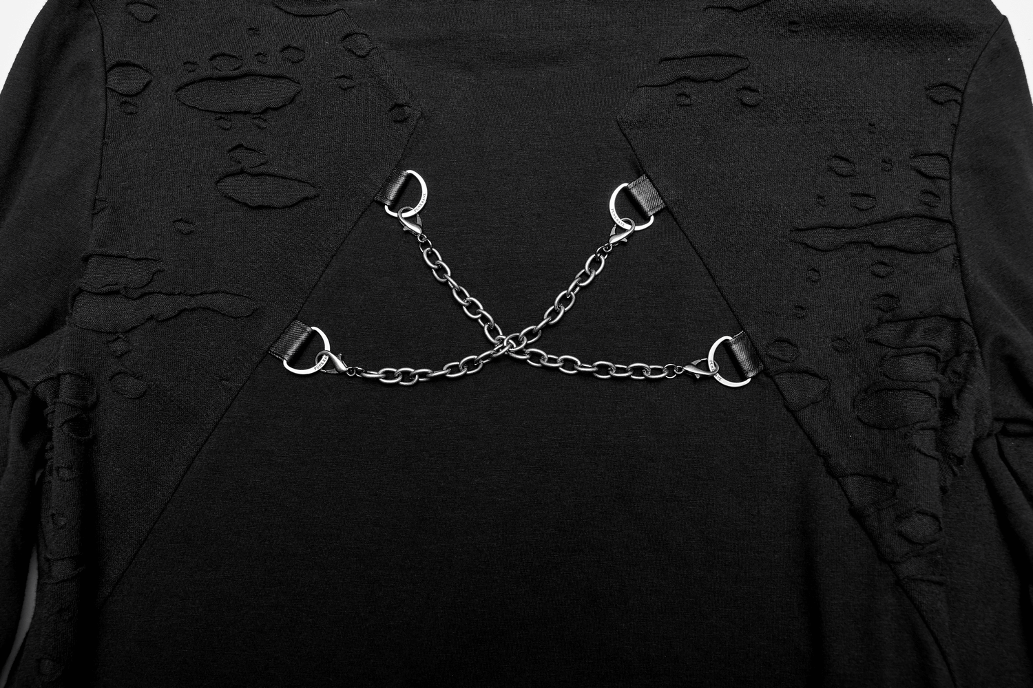 Men's black gothic long-sleeve top featuring broken holes and stylish metal chain accents.