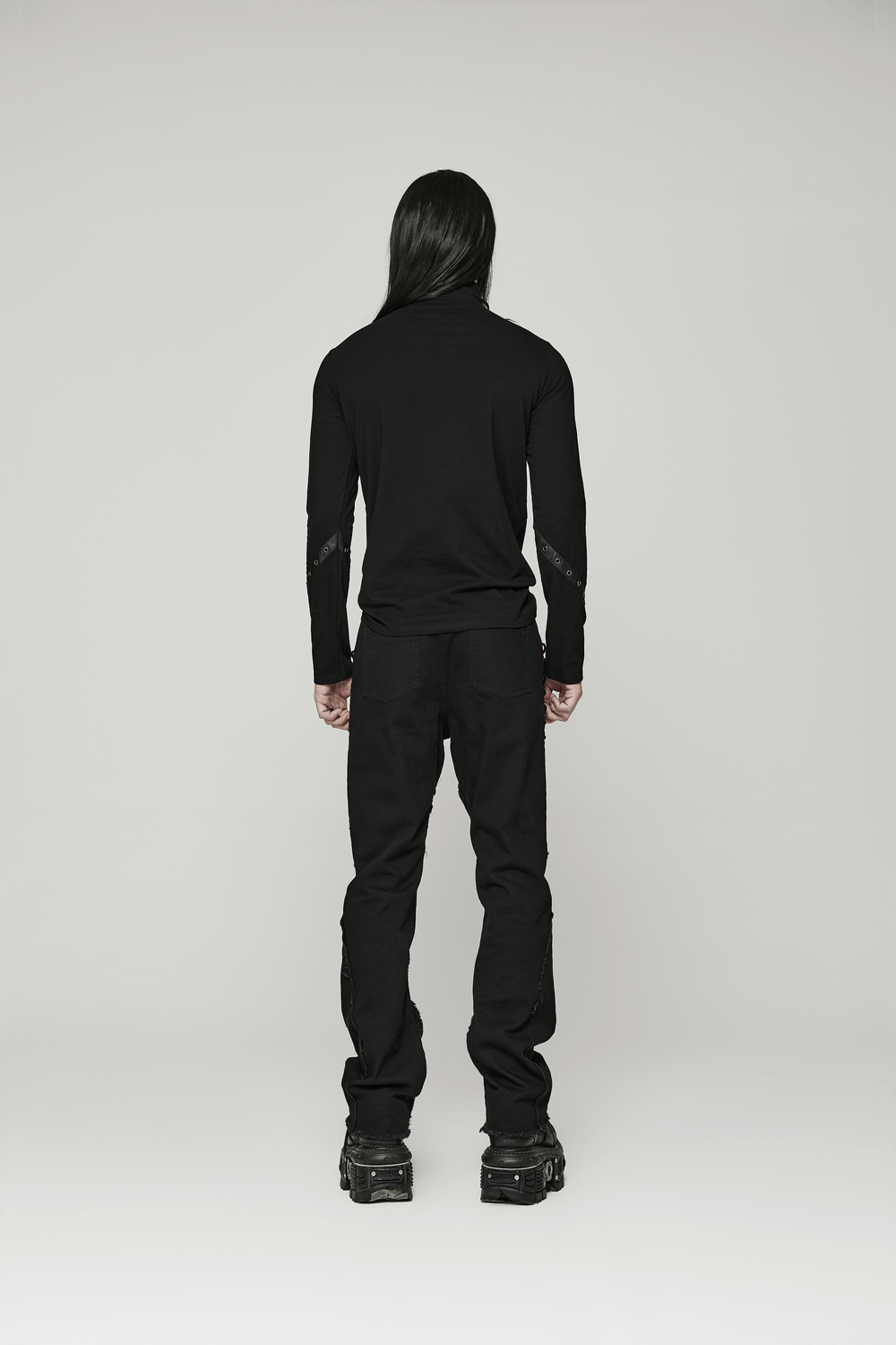 Men's black gothic long sleeve top with chains, viewed from the back, perfect for punk streetwear fashion.