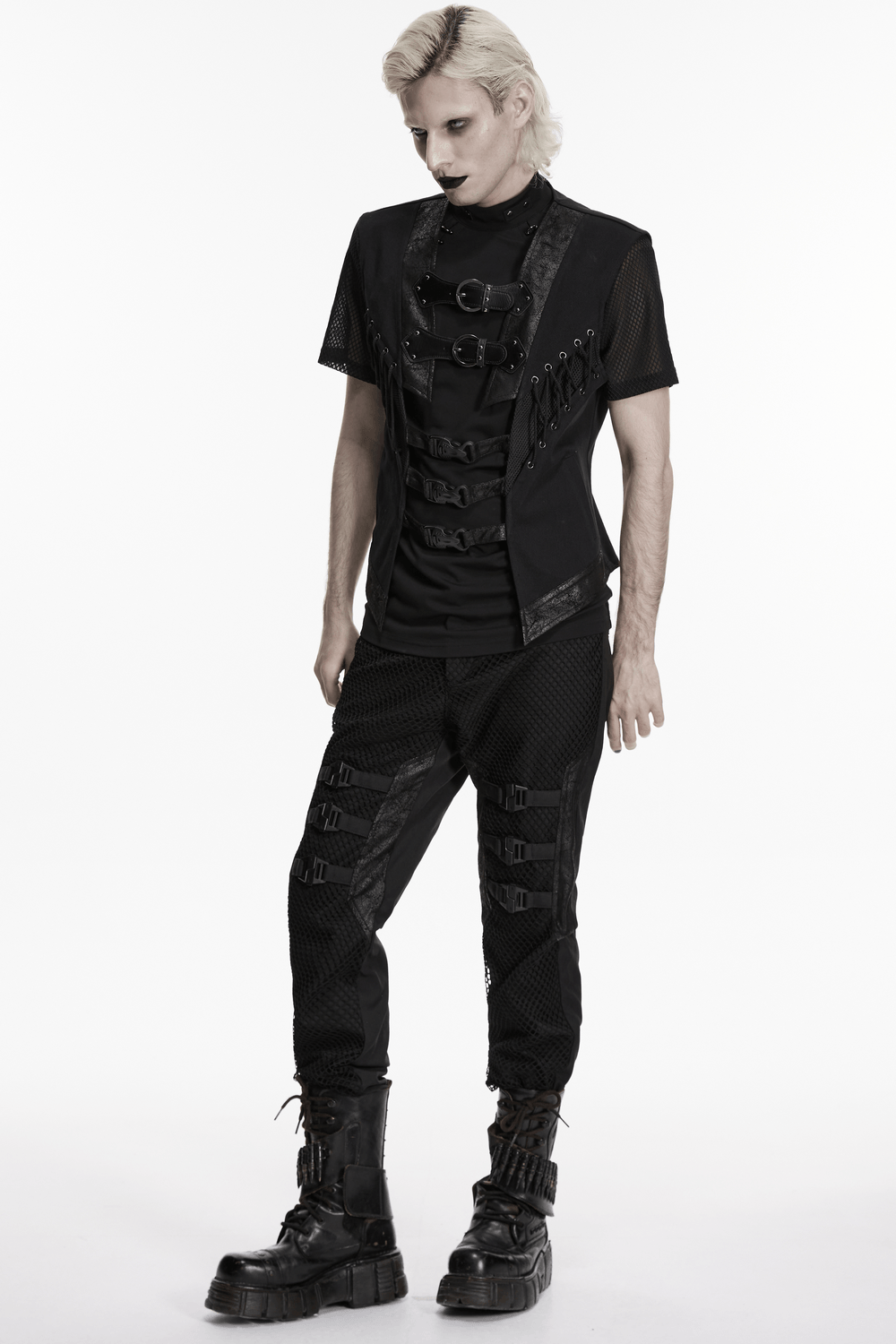 Men's Gothic Buckle Strap Open Front Black Vest