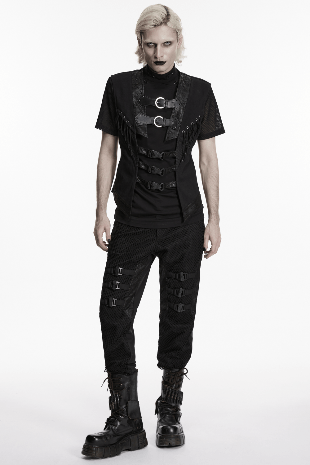 Men's Gothic Buckle Strap Open Front Black Vest