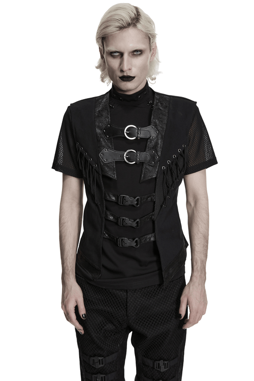 Men's Gothic Buckle Strap Open Front Black Vest
