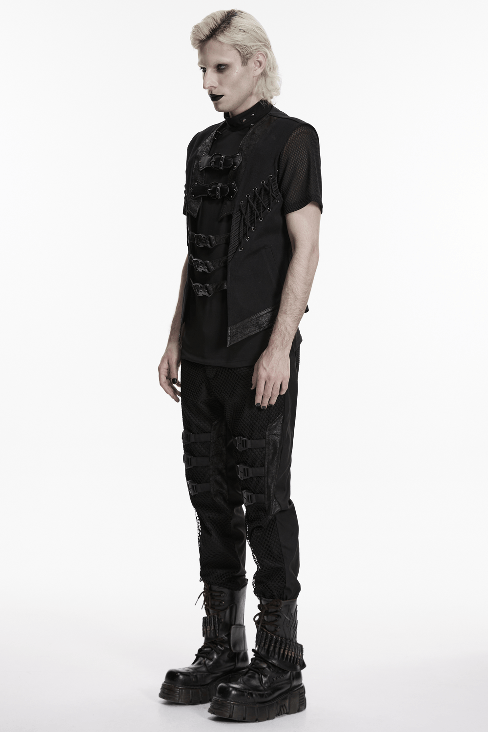 Men's Gothic Buckle Strap Open Front Black Vest