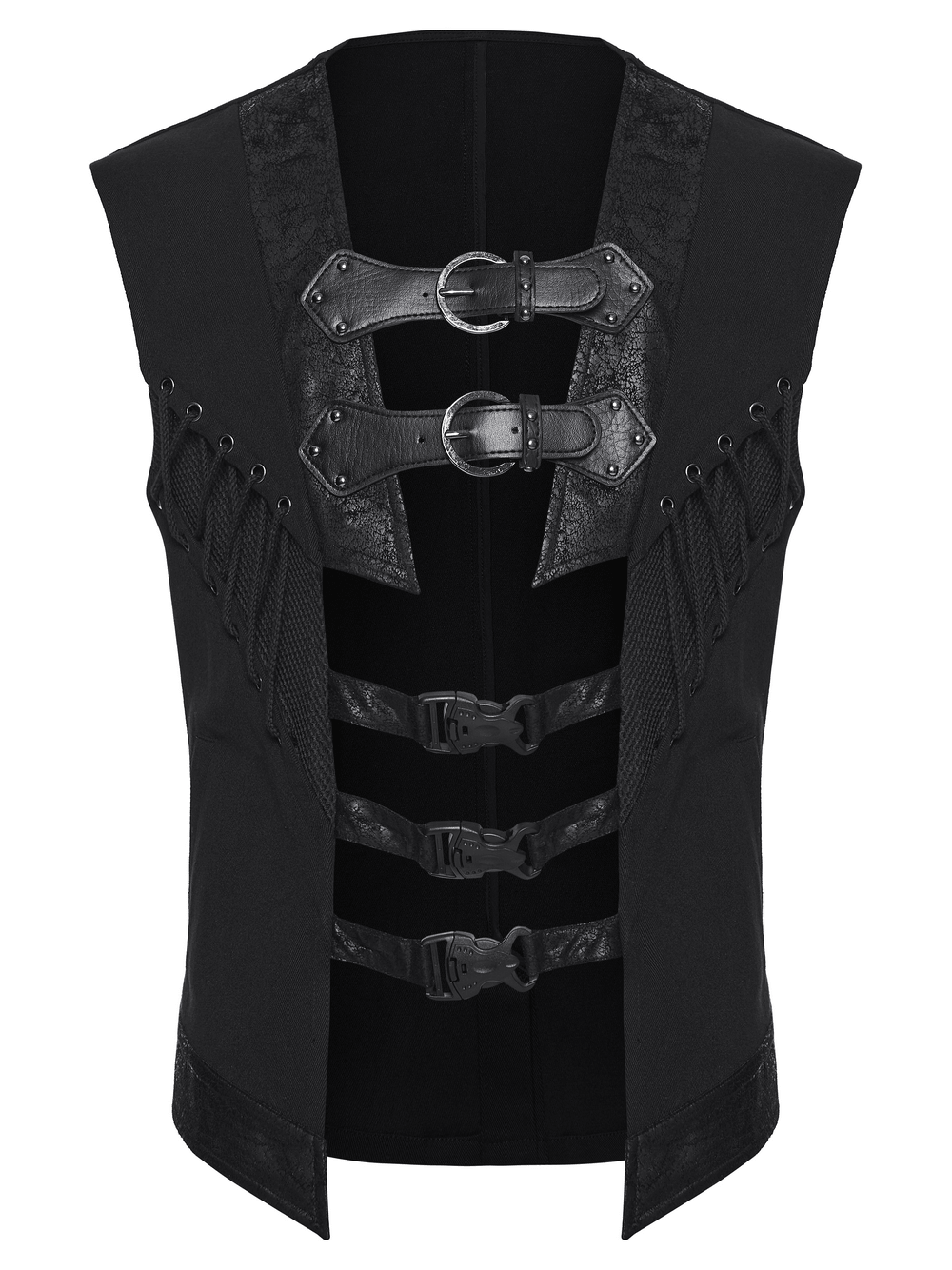 Men's Gothic Buckle Strap Open Front Black Vest