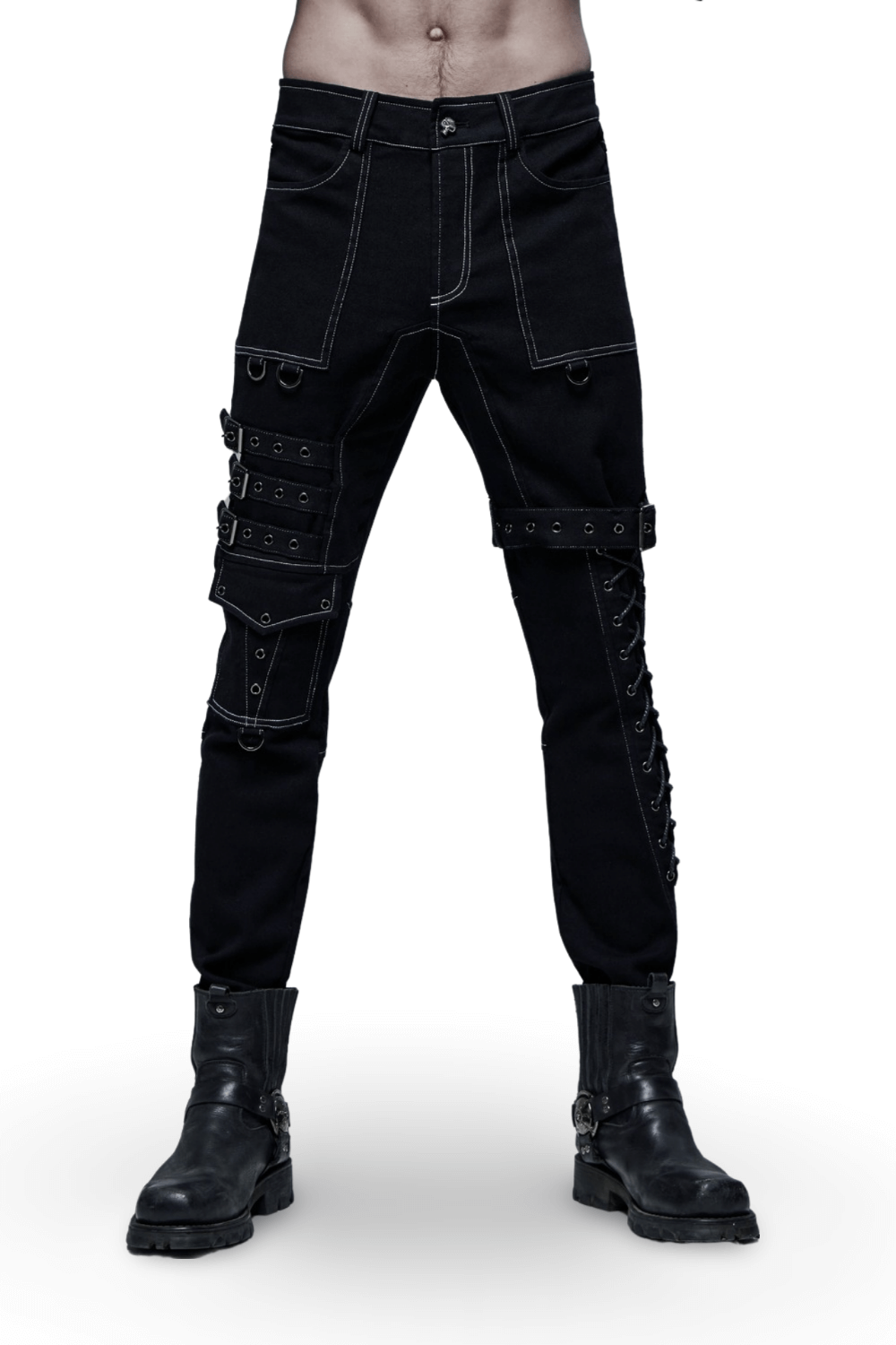 Men's Gothic buckled cargo pants with strap accents, featuring bold black design and white thread detailing.