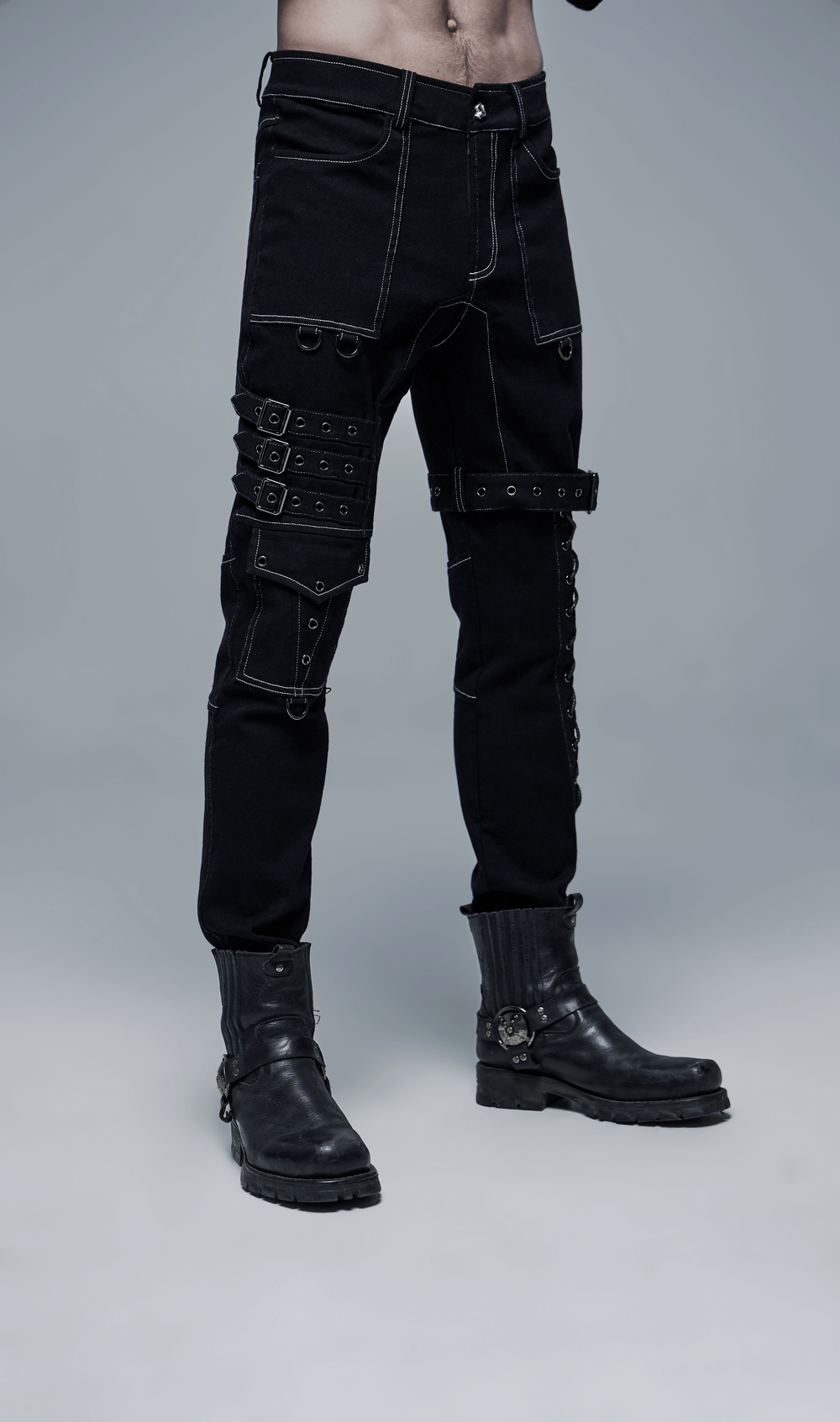 Men's Gothic buckled cargo pants in black with strap details, perfect for punk-inspired urban fashion.