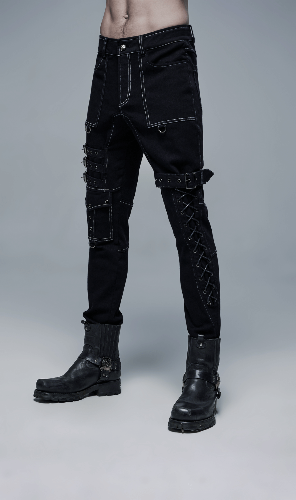 Men's Gothic Cargo Pants with buckle and strap details, showcasing a punk style in pure black with contrasting white stitching.