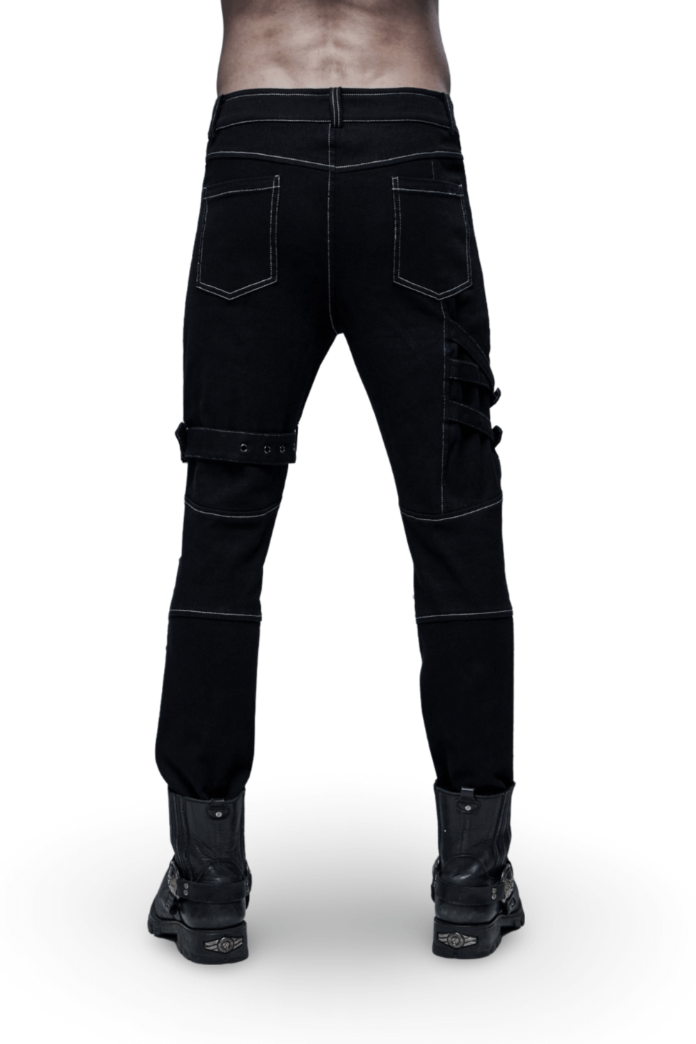 Men's Gothic buckled cargo pants with strap accents, featuring a sleek black design and striking white stitching.