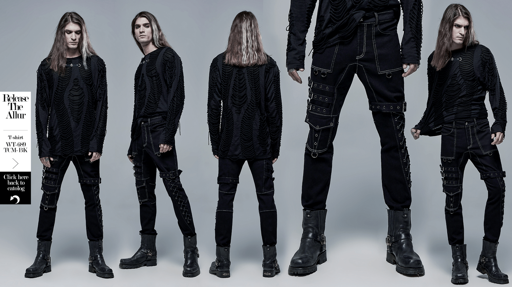 Men's Gothic Buckled Cargo Pants with strap accents, showcasing a sleek punk style in black and white detailing.