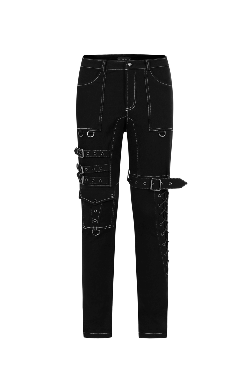 Men's Gothic buckled cargo pants featuring strap accents and white thread details for a striking punk style.
