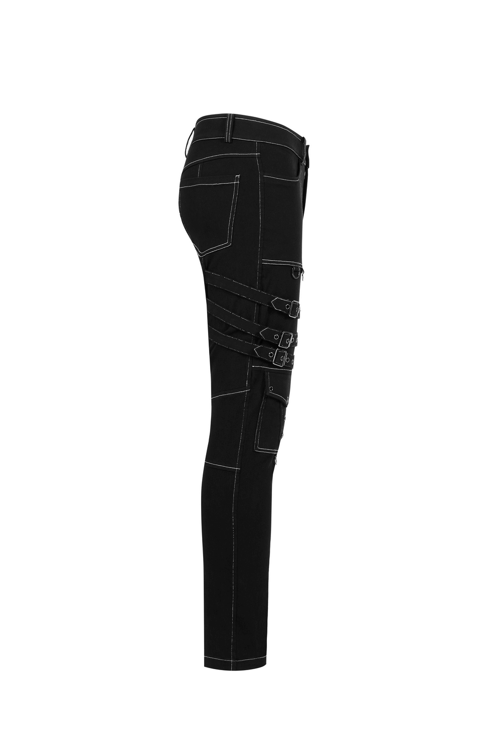 Men's Gothic Buckled Cargo Pants with strap accents in black, showcasing a sleek silhouette and white thread details.
