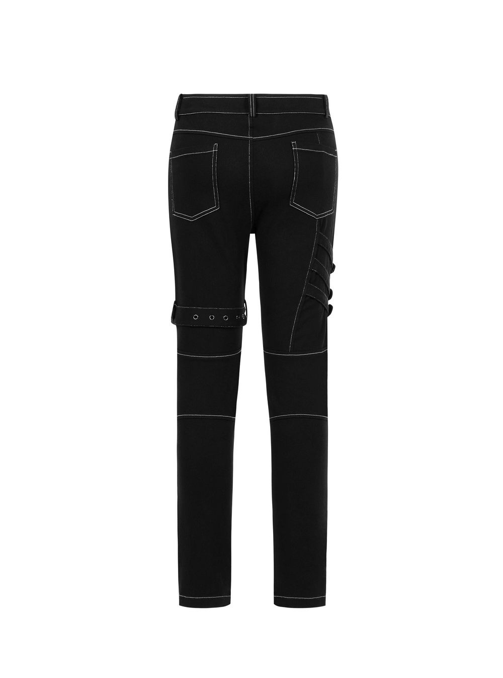 Back view of Men's Gothic Buckled Cargo Pants with strap accents and contrasting white stitching.
