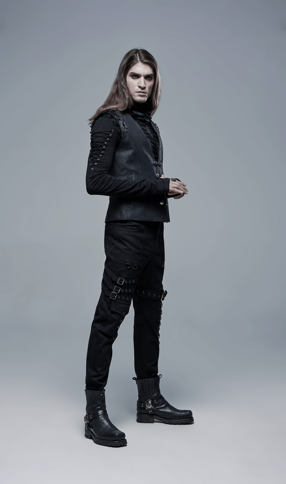 Men's Gothic Cargo Pants with Buckles and Lace-up Detail