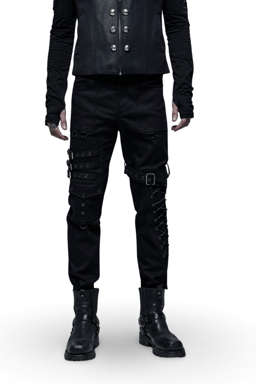 Men's Gothic cargo pants with buckles and lace-up detail, perfect for a bold, edgy punk style.