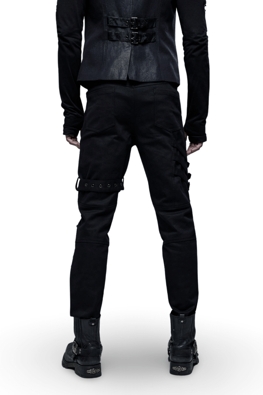 Men's Gothic cargo pants with buckles and lace-up detail, showcasing edgy black style from the back.