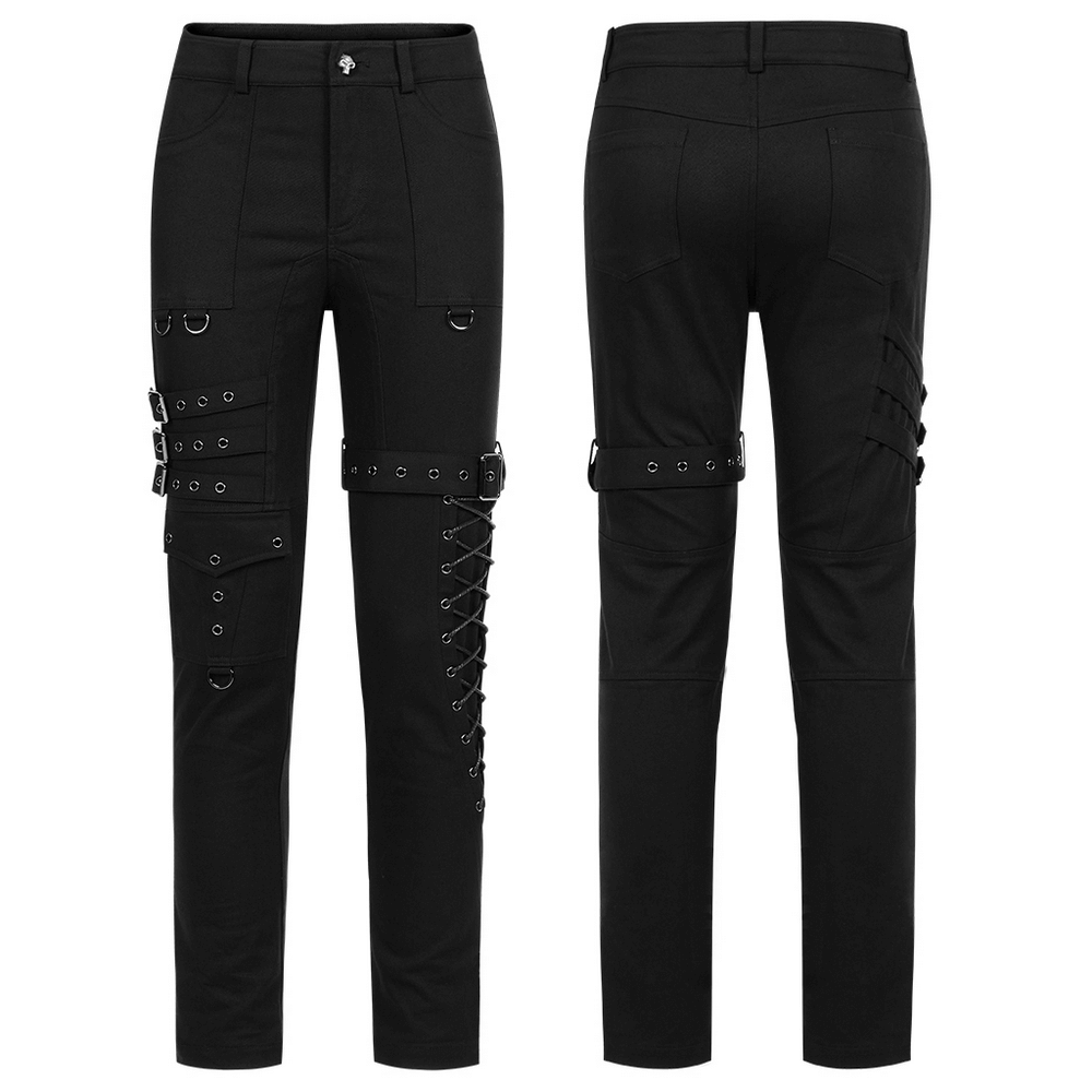 Men's Gothic cargo pants featuring buckles and lace-up details, perfect for a punk and edgy look.