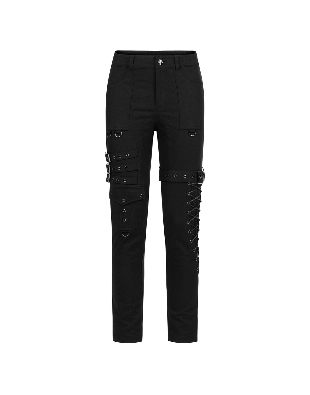 Men's Gothic Cargo Pants with buckles and lace-up detail, featuring a sleek black silhouette for an edgy look.