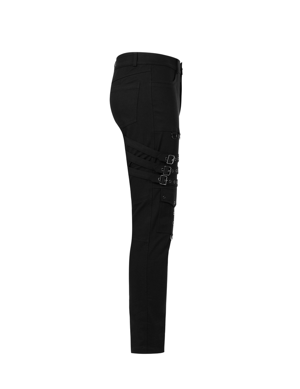 Men's Gothic cargo pants with buckles and lace-up detail, showcasing a sleek black silhouette.