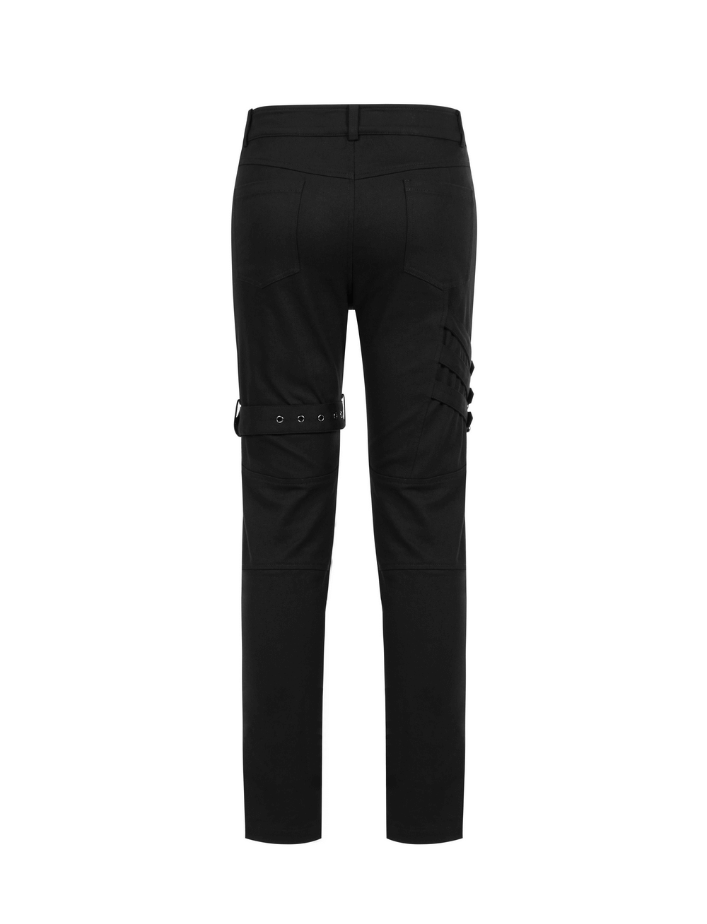 Back view of Men's Gothic Cargo Pants with buckles, featuring a sleek black design and lace-up detailing.