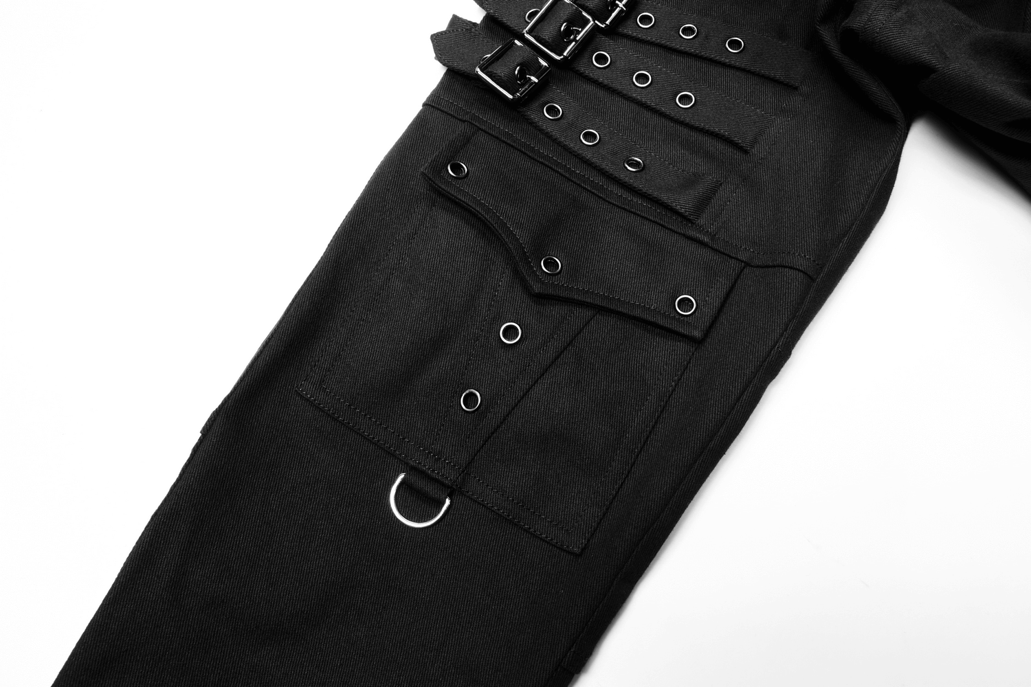 Detail of Men's Gothic Cargo Pants featuring buckles and edgy pocket design in sleek black fabric.