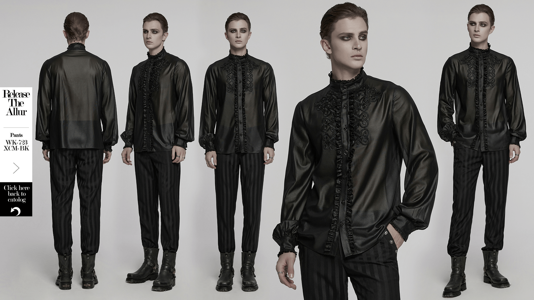 Men's gothic chiffon shirt with ruffles and lace, featuring glossy texture and elegant design details.