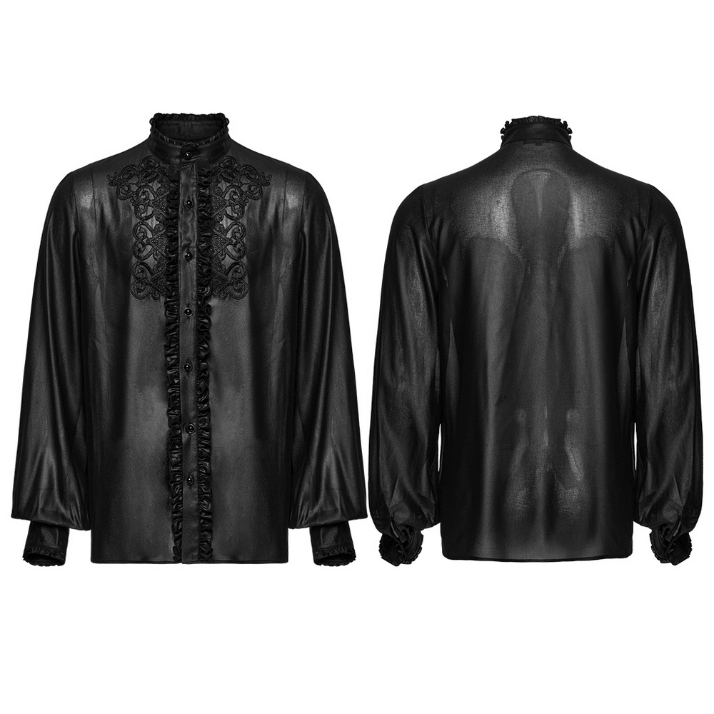 Men's gothic chiffon shirt with ruffles and lace, featuring intricate decals and gemstone buttons, perfect for alternative fashion.