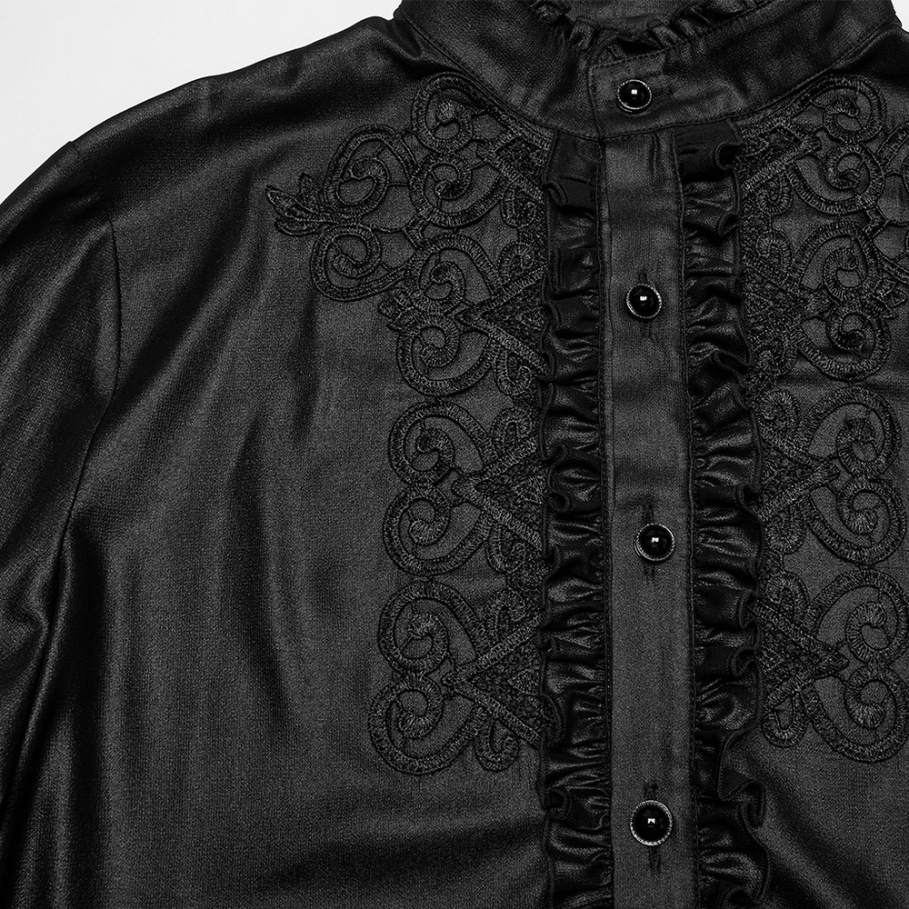 Elegant black men's gothic chiffon shirt featuring ruffle placket and intricate lace decals.